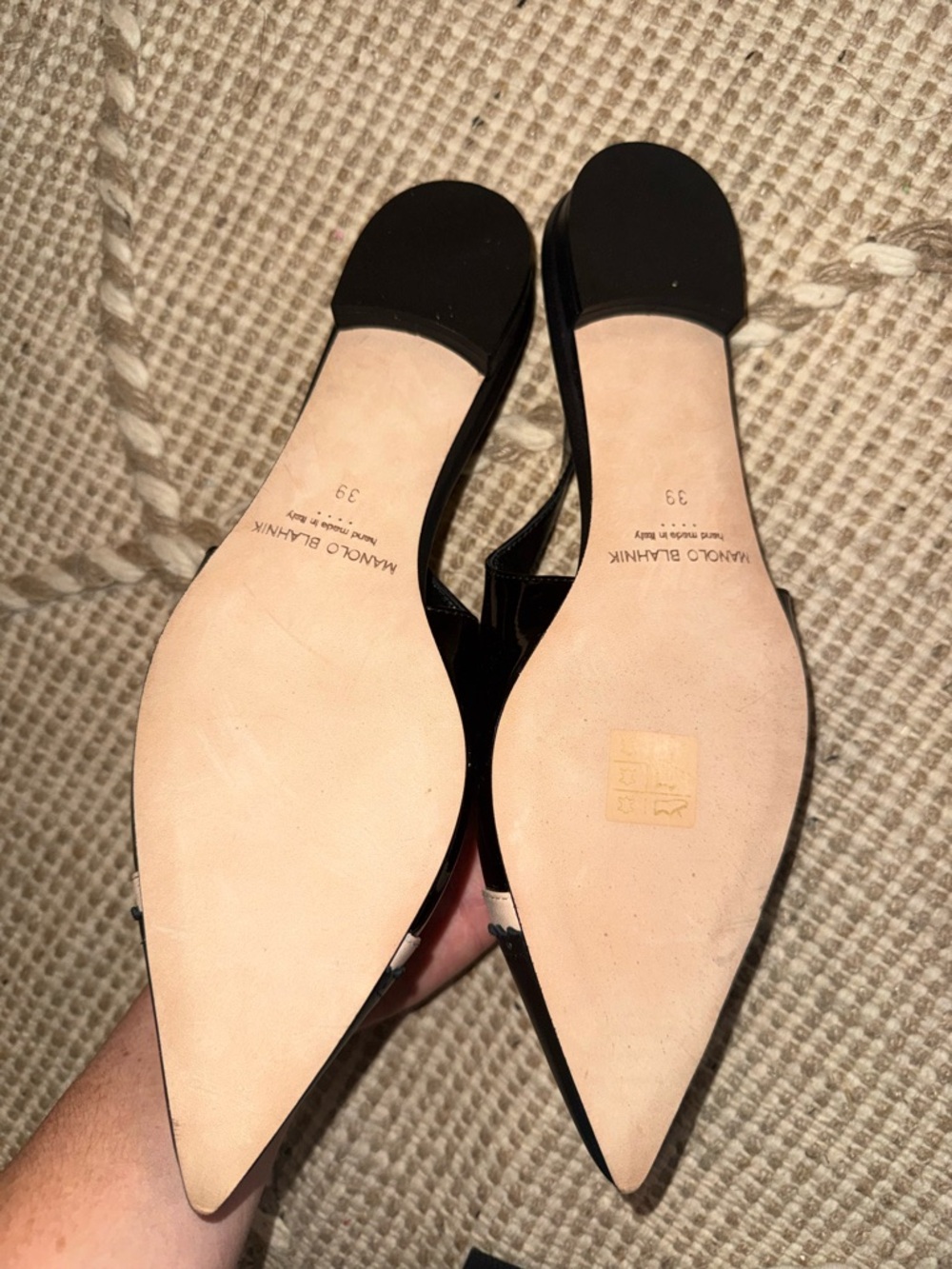 Manolo Blahnik Black Patent Slingback Pointed Toe Flats with Cream Accent - Picture 3 of 3